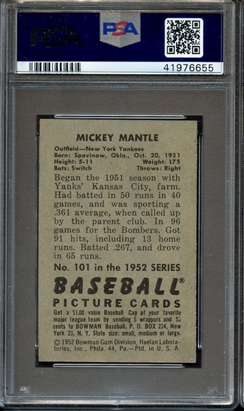 1952 BOWMAN 101 MICKEY MANTLE PSA NM-MT 8