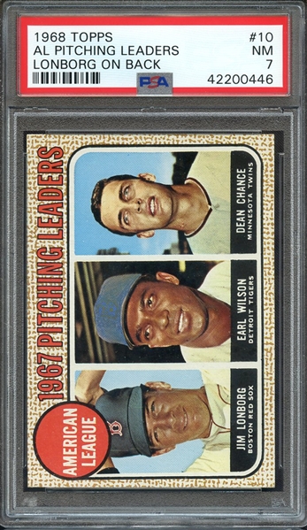 1968 TOPPS 10 AL PITCHING LEADERS LONBORG ON BACK PSA NM 7