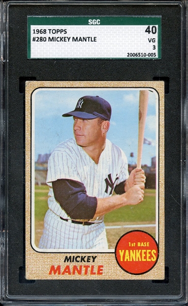 1968 TOPPS 280 MICKEY MANTLE SGC VG 40 / 3